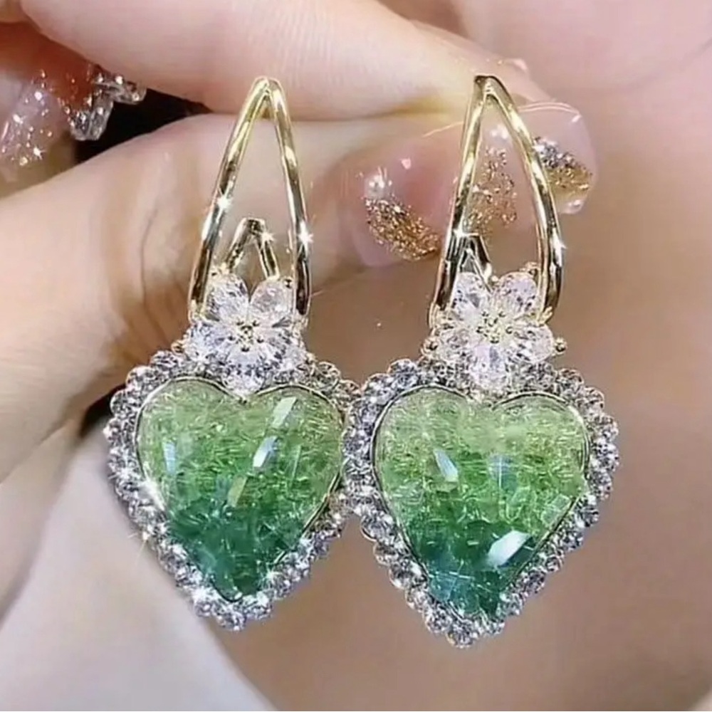 Green Crystal Heart Earrings